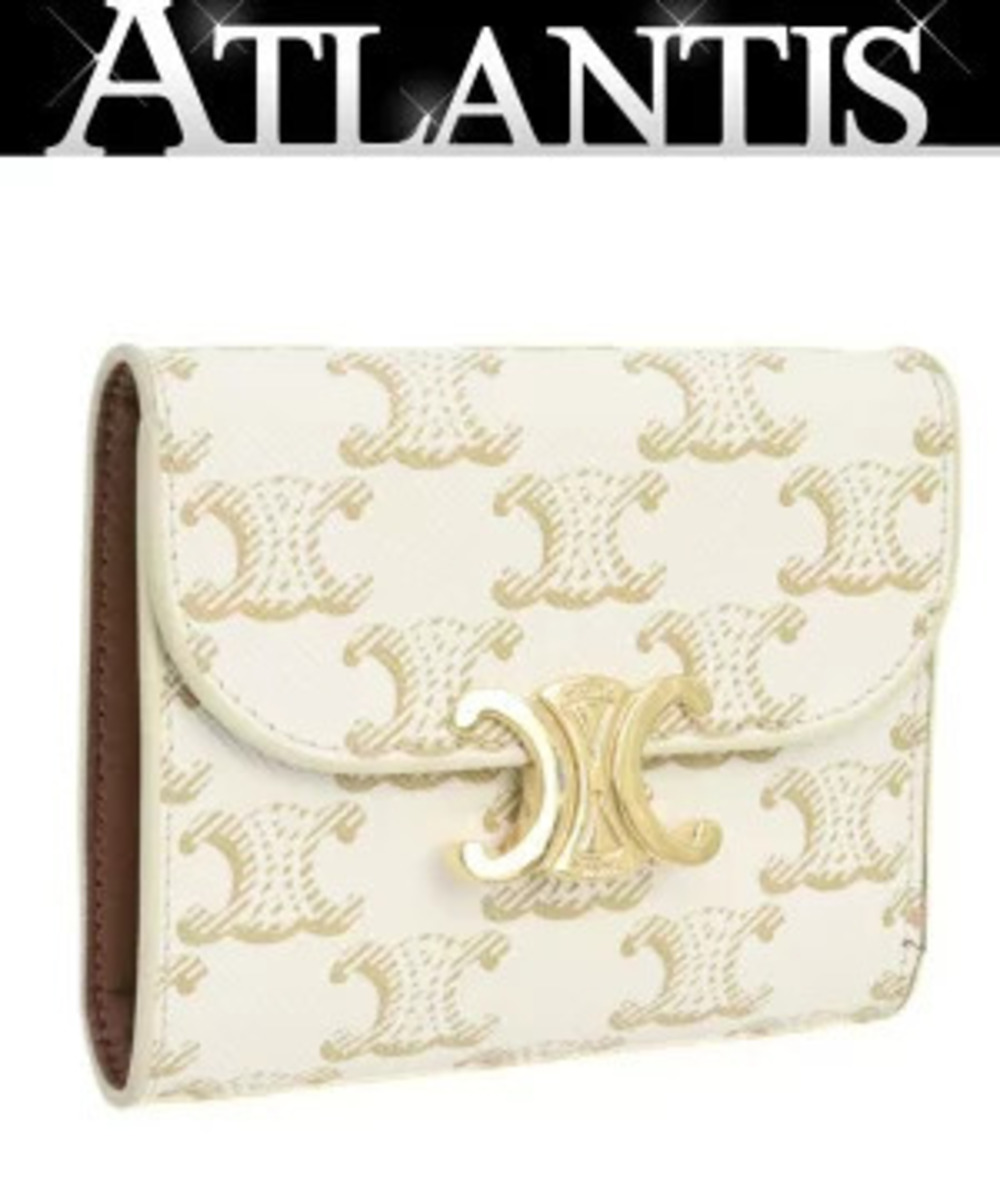 Celine Triomphe Flap Wallet Compact Tri fold Canvas White